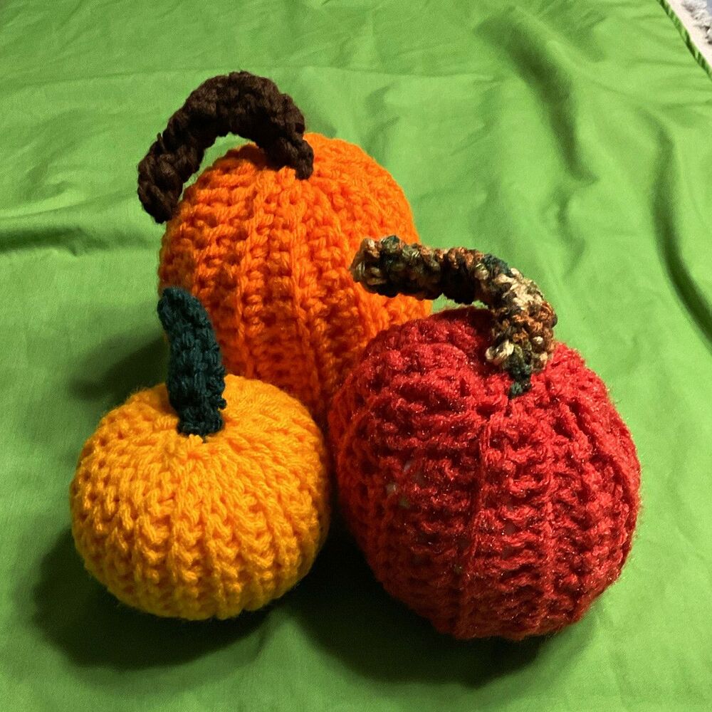 Handmade Crocheted Halloween Pumpkins Ornaments Set of 3 - Orange Yellow Red